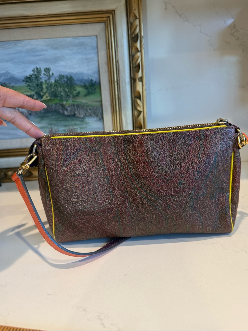 Etro Multicolor Paisley Leather Shoulder Pouch with Yellow Trim